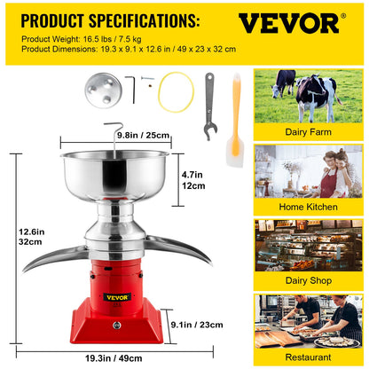 VEVOR Electric Centrifugal Separator Milk Cream Skimmer 100L/h 10500RPM Speed