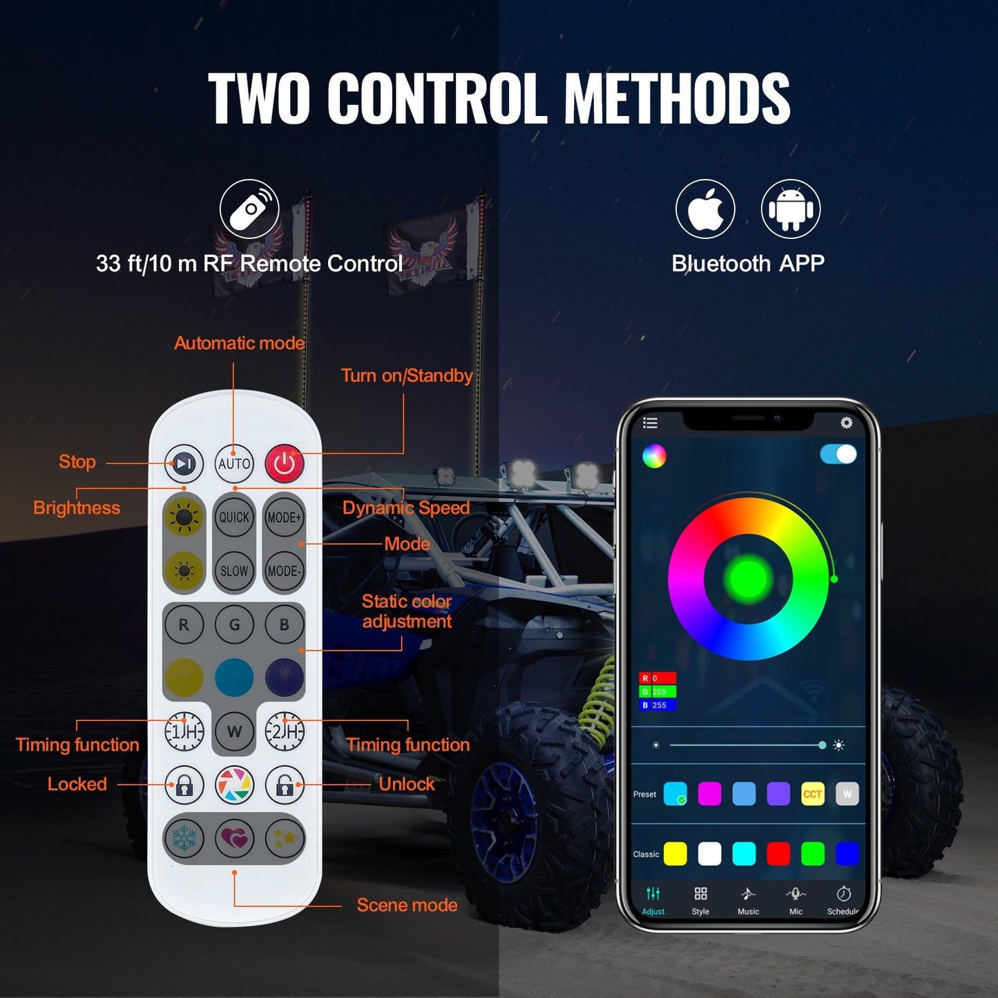 VEVOR 2 PCS 3 FT Whip Light, APP & RF Remote Control Led Whip Light, Waterproof