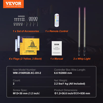 VEVOR 2 PCS 3 FT Whip Light, APP & RF Remote Control Led Whip Light, Waterproof