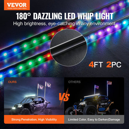 VEVOR 2 PCS 4 FT Whip Light, APP & RF Remote Control Led Whip Light, Waterproof