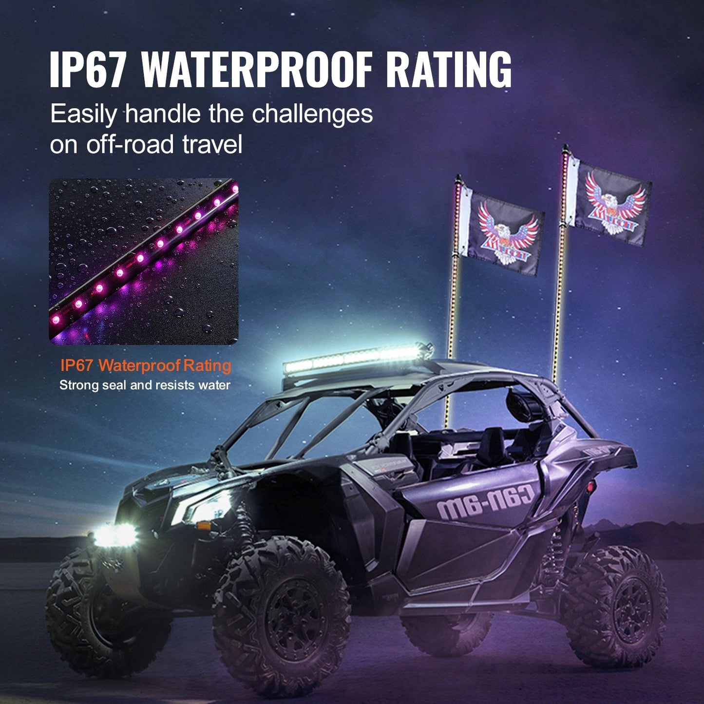 2 LED Whip Lights 1.2m with Remote & App Control, Waterproof for Off-Road Use