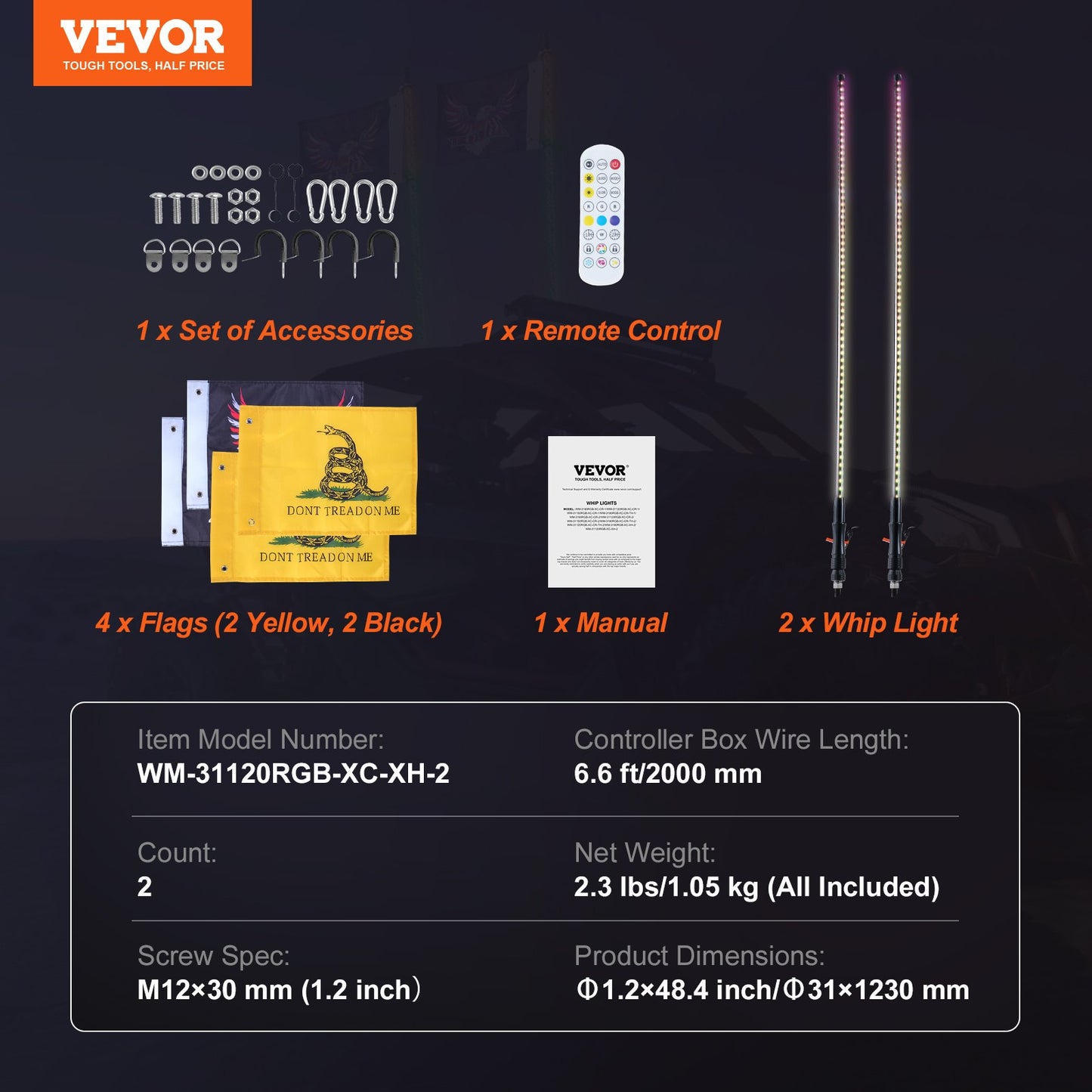 VEVOR 2 PCS 4 FT Whip Light, APP & RF Remote Control Led Whip Light, Waterproof