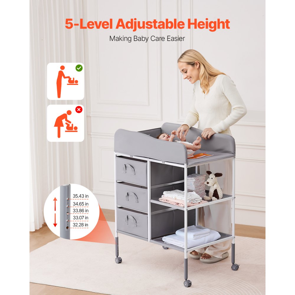 VEVOR Baby Changing Table Portable Diaper Change Station with 3 Drawers & Wheels