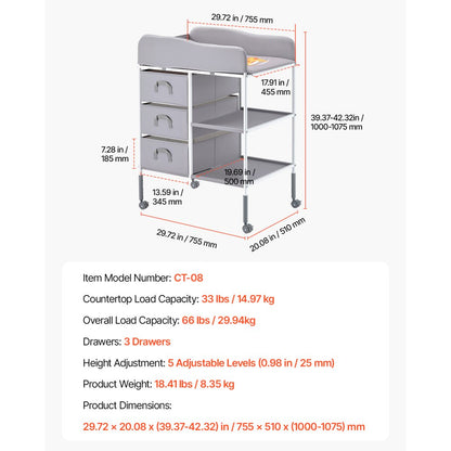 VEVOR Baby Changing Table Portable Diaper Change Station with 3 Drawers & Wheels