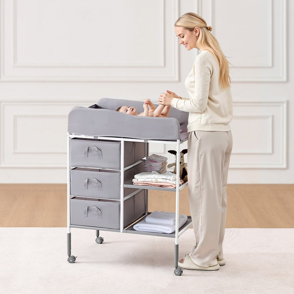 VEVOR Baby Changing Table Portable Diaper Change Station with 3 Drawers & Wheels