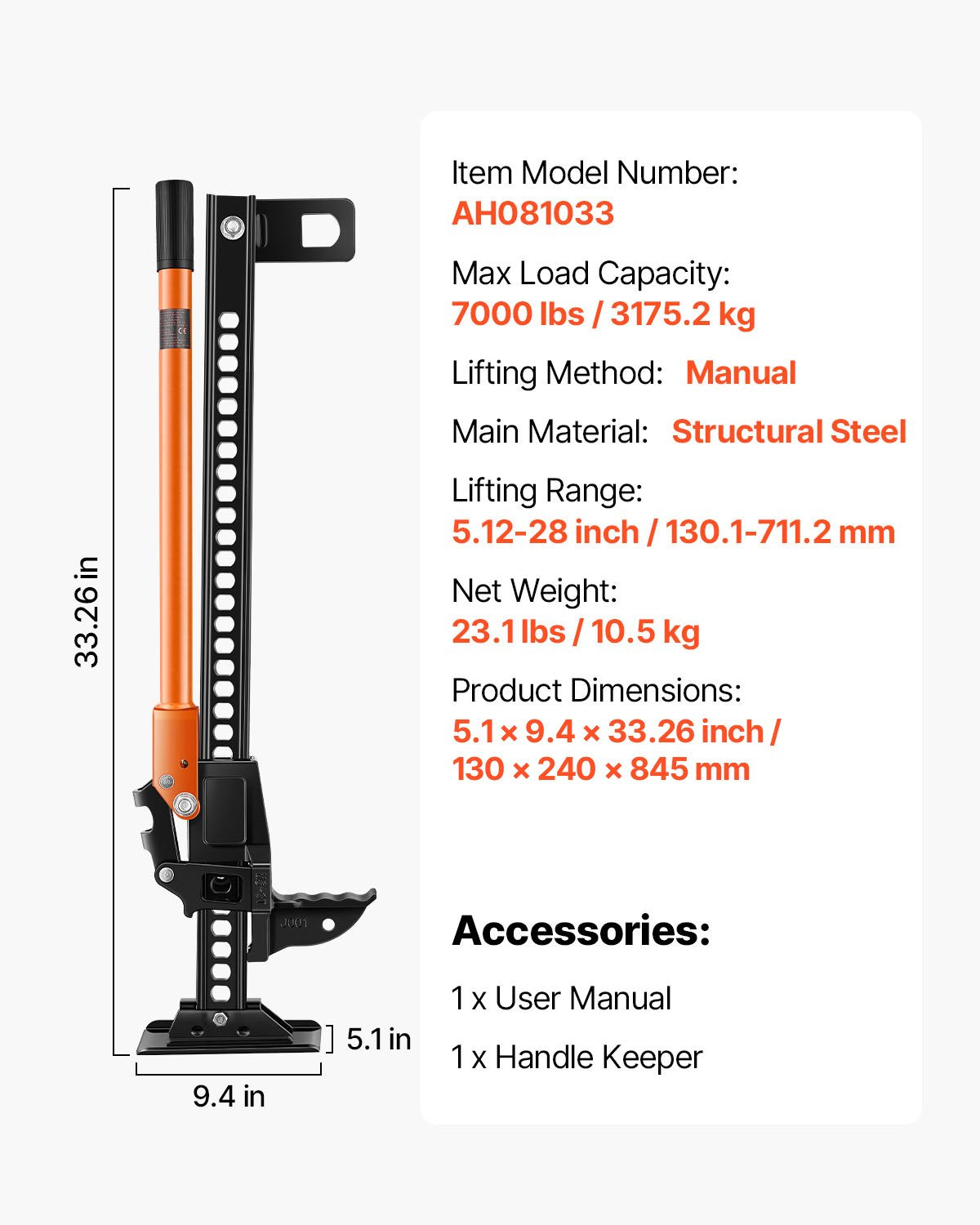 Farm Jack, 845mm Utility High Lift Farm Jack, 3.18 Ton Capacity Ratcheting Off Road Utility Jacks, Heavy-Duty Lift Jacks with 130.1-711.2 mm Lifting Range for Tractor, Truck, SUV