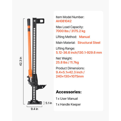 VEVOR 107.5cm Off Road Farm Jack Hoist 3.18 T High Lift Tractor Vehicle's Winch