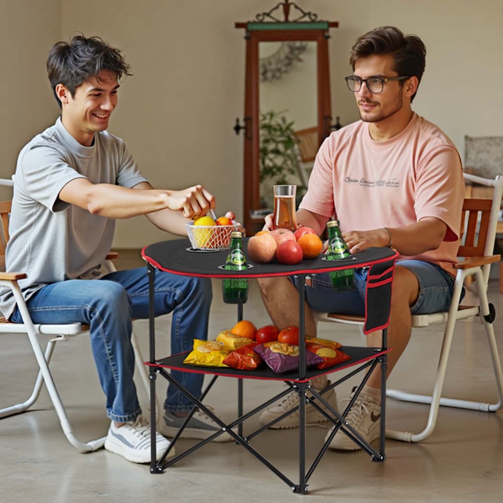 Folding Camping Table, Portable Outdoor Lightweight Picnic Table, 600D Oxford Fabric Waterproof Canvas Travel Beach Tables, with 4 Cup Holders, Carry Bag, for Tailgating Camping Picnic, Black