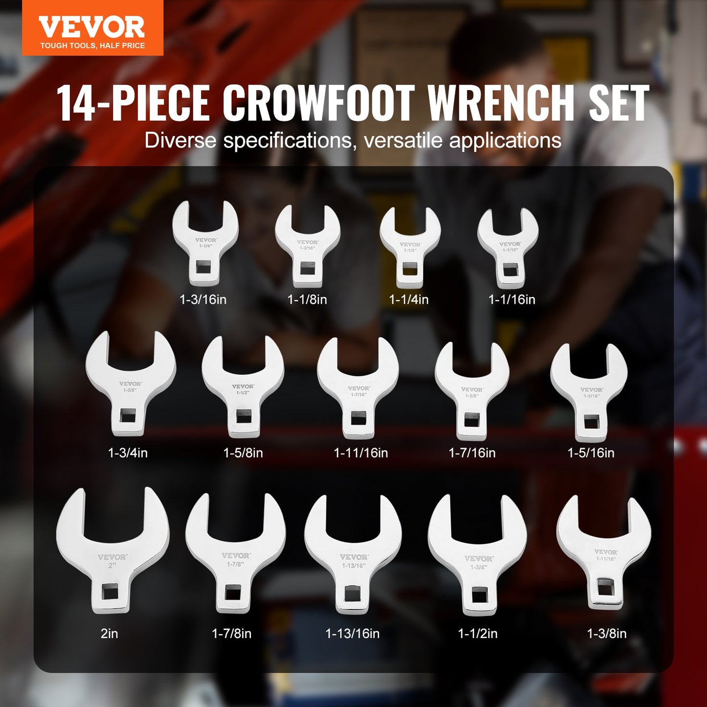 VEVOR Crowfoot Wrench Set, 1/2" Drive 14-Piece SAE (1-1/16" - 2") Crows Foot Wrench