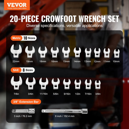 20-Piece Crowfoot Wrench Set with Extensions, SAE & Metric, Mirror Chrome Finish