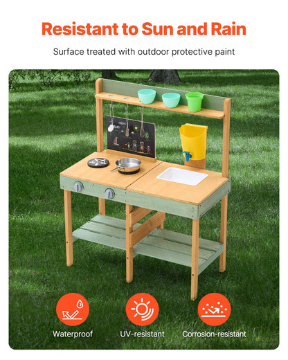 Mud Kitchen for Kids, Wooden Toy Play Kitchen Set, Outdoor Toddler Grocery Store Playset, Pretend Play Kitchen with Planter Box, Stoves, Tank, Faucet, Blackboard, Cookware Pots and Accessories