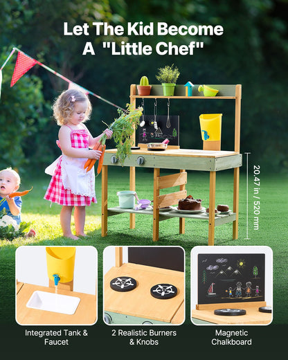 Mud Kitchen for Kids, Wooden Toy Play Kitchen Set, Outdoor Toddler Grocery Store Playset, Pretend Play Kitchen with Planter Box, Stoves, Tank, Faucet, Blackboard, Cookware Pots and Accessories