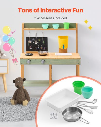 Mud Kitchen for Kids, Wooden Toy Play Kitchen Set, Outdoor Toddler Grocery Store Playset, Pretend Play Kitchen with Planter Box, Stoves, Tank, Faucet, Blackboard, Cookware Pots and Accessories