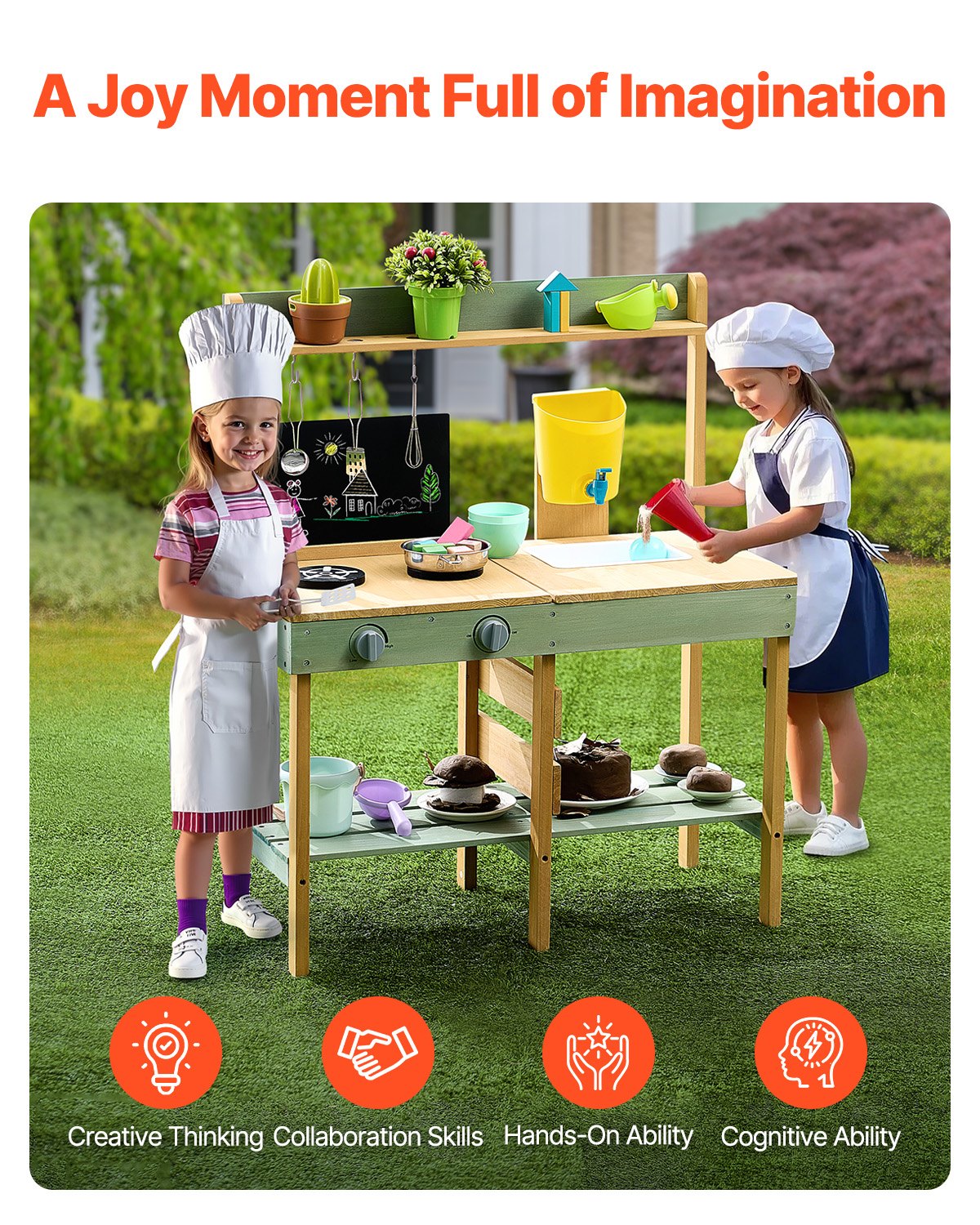 Mud Kitchen for Kids, Wooden Toy Play Kitchen Set, Outdoor Toddler Grocery Store Playset, Pretend Play Kitchen with Planter Box, Stoves, Tank, Faucet, Blackboard, Cookware Pots and Accessories