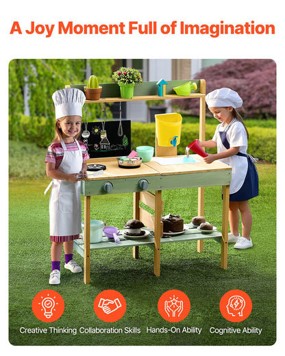 Mud Kitchen for Kids, Wooden Toy Play Kitchen Set, Outdoor Toddler Grocery Store Playset, Pretend Play Kitchen with Planter Box, Stoves, Tank, Faucet, Blackboard, Cookware Pots and Accessories