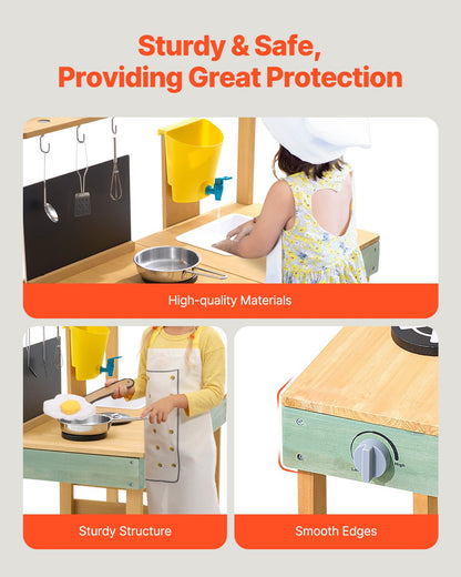 Mud Kitchen for Kids, Wooden Toy Play Kitchen Set, Outdoor Toddler Grocery Store Playset, Pretend Play Kitchen with Planter Box, Stoves, Tank, Faucet, Blackboard, Cookware Pots and Accessories