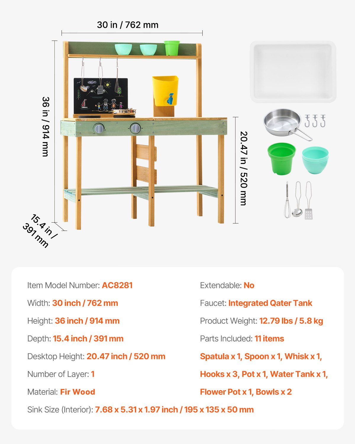 Mud Kitchen for Kids, Wooden Toy Play Kitchen Set, Outdoor Toddler Grocery Store Playset, Pretend Play Kitchen with Planter Box, Stoves, Tank, Faucet, Blackboard, Cookware Pots and Accessories