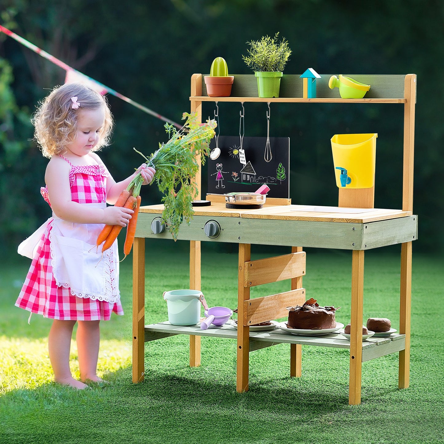 Mud Kitchen for Kids, Wooden Toy Play Kitchen Set, Outdoor Toddler Grocery Store Playset, Pretend Play Kitchen with Planter Box, Stoves, Tank, Faucet, Blackboard, Cookware Pots and Accessories