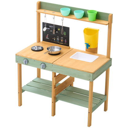 Mud Kitchen for Kids, Wooden Toy Play Kitchen Set, Outdoor Toddler Grocery Store Playset, Pretend Play Kitchen with Planter Box, Stoves, Tank, Faucet, Blackboard, Cookware Pots and Accessories