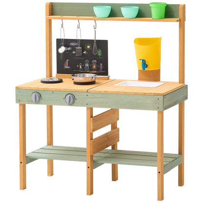 Mud Kitchen for Kids, Wooden Toy Play Kitchen Set, Outdoor Toddler Grocery Store Playset, Pretend Play Kitchen with Planter Box, Stoves, Tank, Faucet, Blackboard, Cookware Pots and Accessories