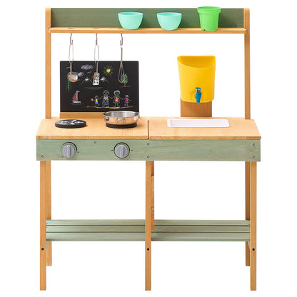 Mud Kitchen for Kids, Wooden Toy Play Kitchen Set, Outdoor Toddler Grocery Store Playset, Pretend Play Kitchen with Planter Box, Stoves, Tank, Faucet, Blackboard, Cookware Pots and Accessories