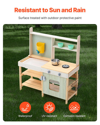 Mud Kitchen for Kids, Wooden Toy Play Kitchen Set, Outdoor Toddler Grocery Store Playset, Pretend Play Kitchen with Stoves, Tank, Faucet, Storage Bag, Metal Baskets, and Cookware Pots