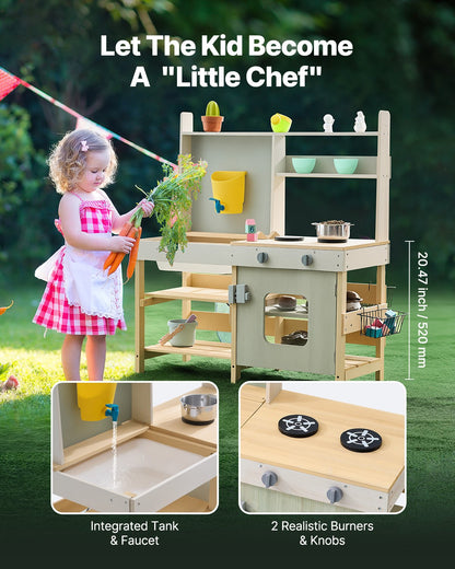 Mud Kitchen for Kids, Wooden Toy Play Kitchen Set, Outdoor Toddler Grocery Store Playset, Pretend Play Kitchen with Stoves, Tank, Faucet, Storage Bag, Metal Baskets, and Cookware Pots