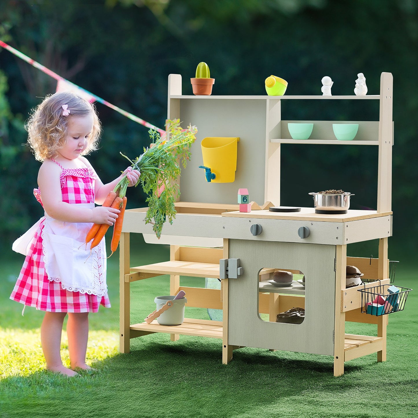 Mud Kitchen for Kids, Wooden Toy Play Kitchen Set, Outdoor Toddler Grocery Store Playset, Pretend Play Kitchen with Stoves, Tank, Faucet, Storage Bag, Metal Baskets, and Cookware Pots