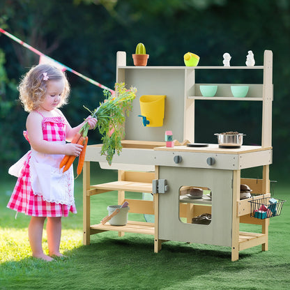 Mud Kitchen for Kids, Wooden Toy Play Kitchen Set, Outdoor Toddler Grocery Store Playset, Pretend Play Kitchen with Stoves, Tank, Faucet, Storage Bag, Metal Baskets, and Cookware Pots