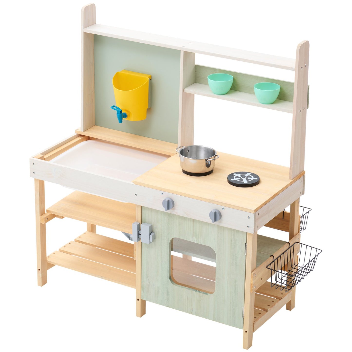 Mud Kitchen for Kids, Wooden Toy Play Kitchen Set, Outdoor Toddler Grocery Store Playset, Pretend Play Kitchen with Stoves, Tank, Faucet, Storage Bag, Metal Baskets, and Cookware Pots
