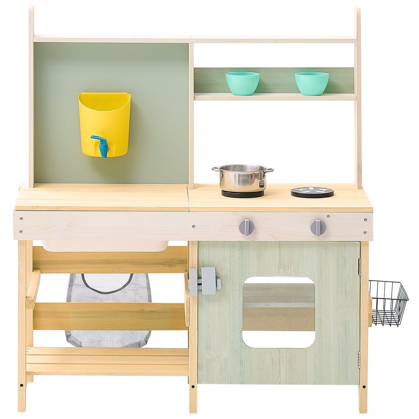 Mud Kitchen for Kids, Wooden Toy Play Kitchen Set, Outdoor Toddler Grocery Store Playset, Pretend Play Kitchen with Stoves, Tank, Faucet, Storage Bag, Metal Baskets, and Cookware Pots