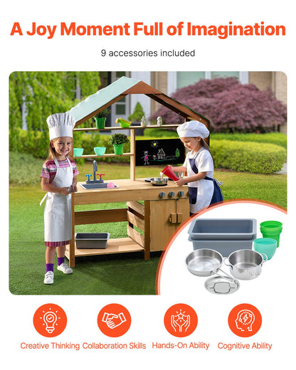 Mud Kitchen for Kids, Wooden Toy Play Kitchen Set with Accessories, Outdoor Toddler Grocery Store Playset, Pretend Play Kitchen with Stoves, Planter Boxes, Sink, Faucet, Blackboard, Cookware Pot