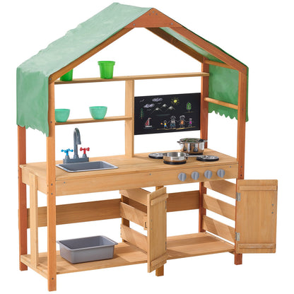Mud Kitchen for Kids, Wooden Toy Play Kitchen Set with Accessories, Outdoor Toddler Grocery Store Playset, Pretend Play Kitchen with Stoves, Planter Boxes, Sink, Faucet, Blackboard, Cookware Pot