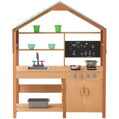 Mud Kitchen for Kids, Wooden Toy Play Kitchen Set with Accessories, Outdoor Toddler Grocery Store Playset, Pretend Play Kitchen with Stoves, Planter Boxes, Sink, Faucet, Blackboard, Cookware Pot