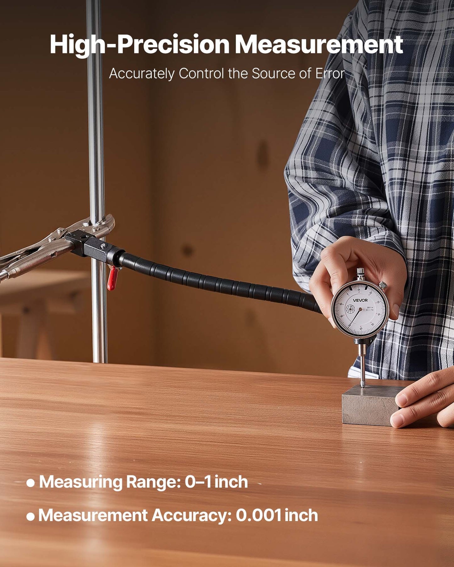 Dial Test Indicator with 360° Flexible Arm and 360° Locking Pliers, 0.03 mm Accuracy, 0-25.4mm Range, Professional for Machine Set-Up, Narrow Area Measurement, Storage Case