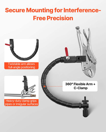 Dial Test Indicator with 360° Flexible Arm and 360° Locking Pliers, 0.03 mm Accuracy, 0-25.4mm Range, Professional for Machine Set-Up, Narrow Area Measurement, Storage Case