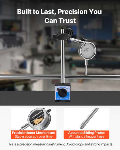 Dial Test Indicator with Dual Rod Stand and Storage Case, 0.03 mm Accuracy, 0-25.4mm Range, Fine Adjustable Long Arm, Non-Magnetic Centering Rods for Machine Set-Up, Narrow Area Measurement
