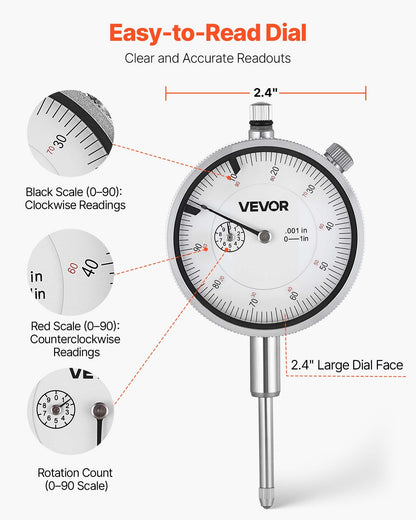 Dial Test Indicator with Dual Rod Stand and Storage Case, 0.03 mm Accuracy, 0-25.4mm Range, Fine Adjustable Long Arm, Non-Magnetic Centering Rods for Machine Set-Up, Narrow Area Measurement