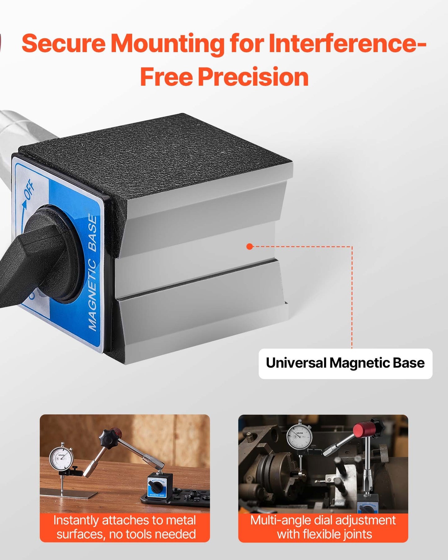 Dial Test Indicator with Magnetic Flexible Base Stand, 0.03 mm Accuracy, 0-25.4mm Range, Fine Adjustable Long Arm, Professional for Machine Set-Up, Narrow Area Measurement, Easy to Read