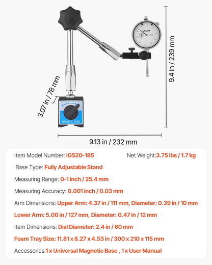 Dial Test Indicator with Magnetic Flexible Base Stand, 0.03 mm Accuracy, 0-25.4mm Range, Fine Adjustable Long Arm, Professional for Machine Set-Up, Narrow Area Measurement, Easy to Read