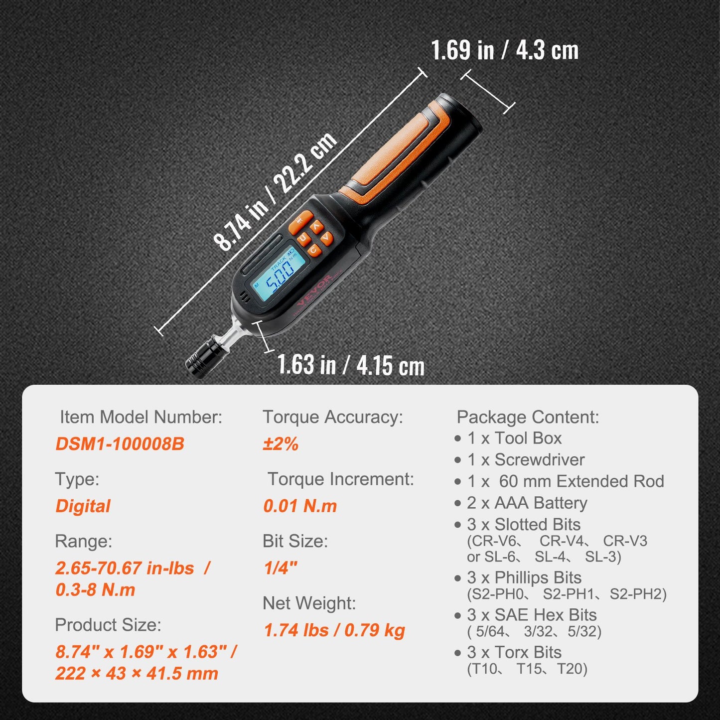 VEVOR Digital Torque Screwdriver, 1/4" Drive Screwdriver Torque Wrench, Electrician