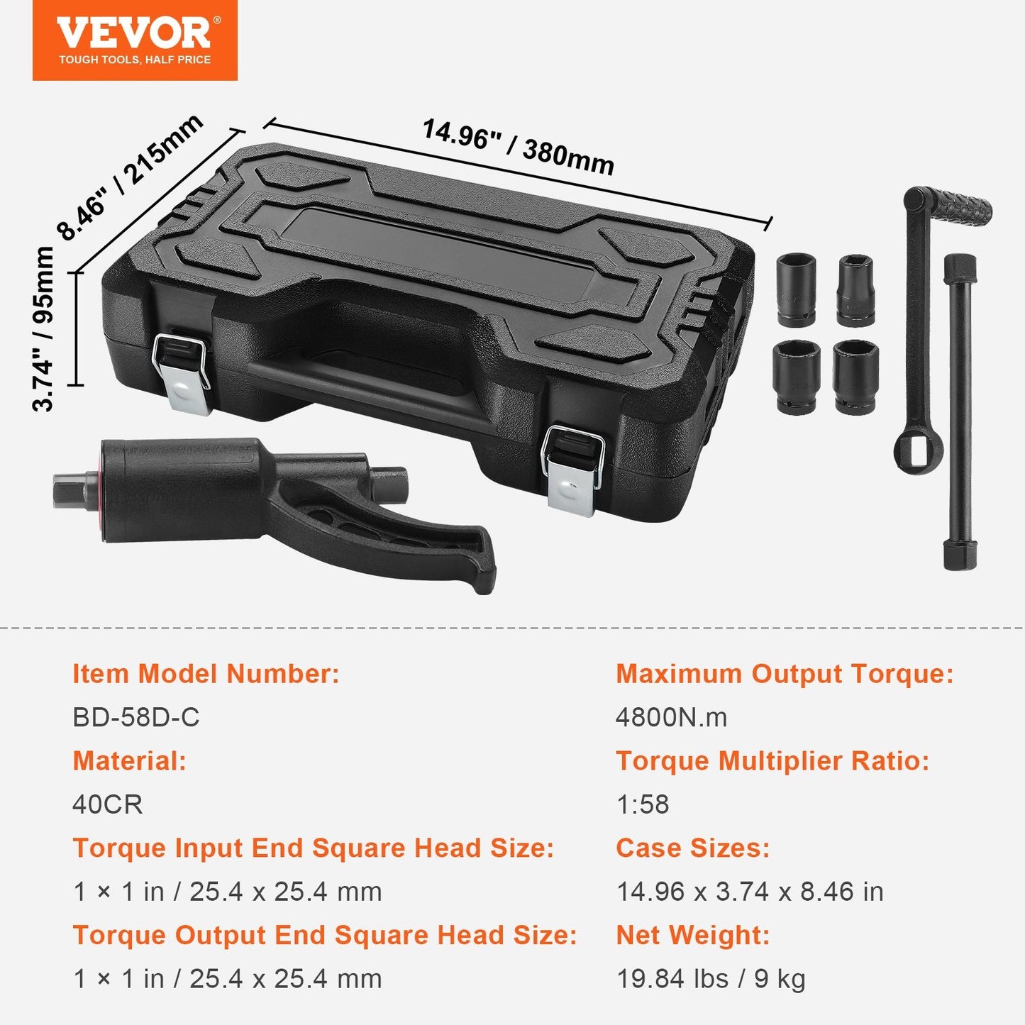 Heavy Duty 1m Drive Torque Multiplier Set with 4 Sockets and Storage Case