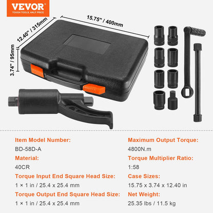 Heavy Duty Torque Multiplier Wrench Set, 1m Drive, 4800N.m, 8 Sockets, Case Included