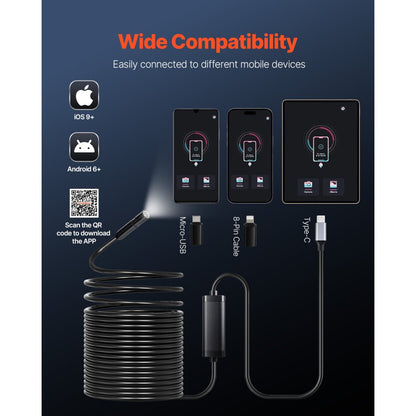 VEVOR Endoscope Camera 1920P HD Borescope for Android & IOS with 15m Cable