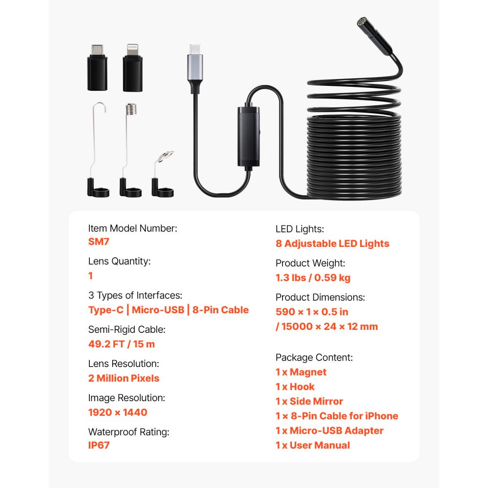 VEVOR Endoscope Camera 1920P HD Borescope for Android & IOS with 15m Cable