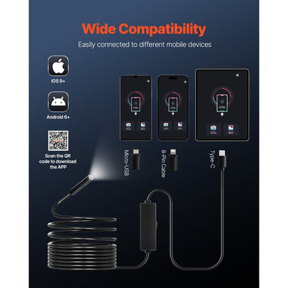 VEVOR Endoscope Camera 1920P HD Borescope for Android & IOS with 5m Cable