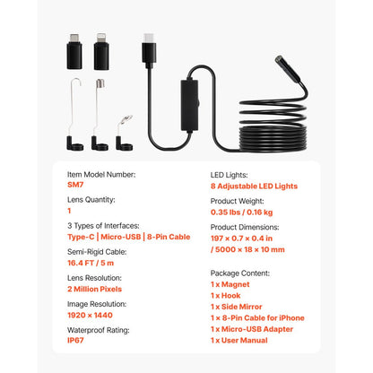 VEVOR Endoscope Camera 1920P HD Borescope for Android & IOS with 5m Cable