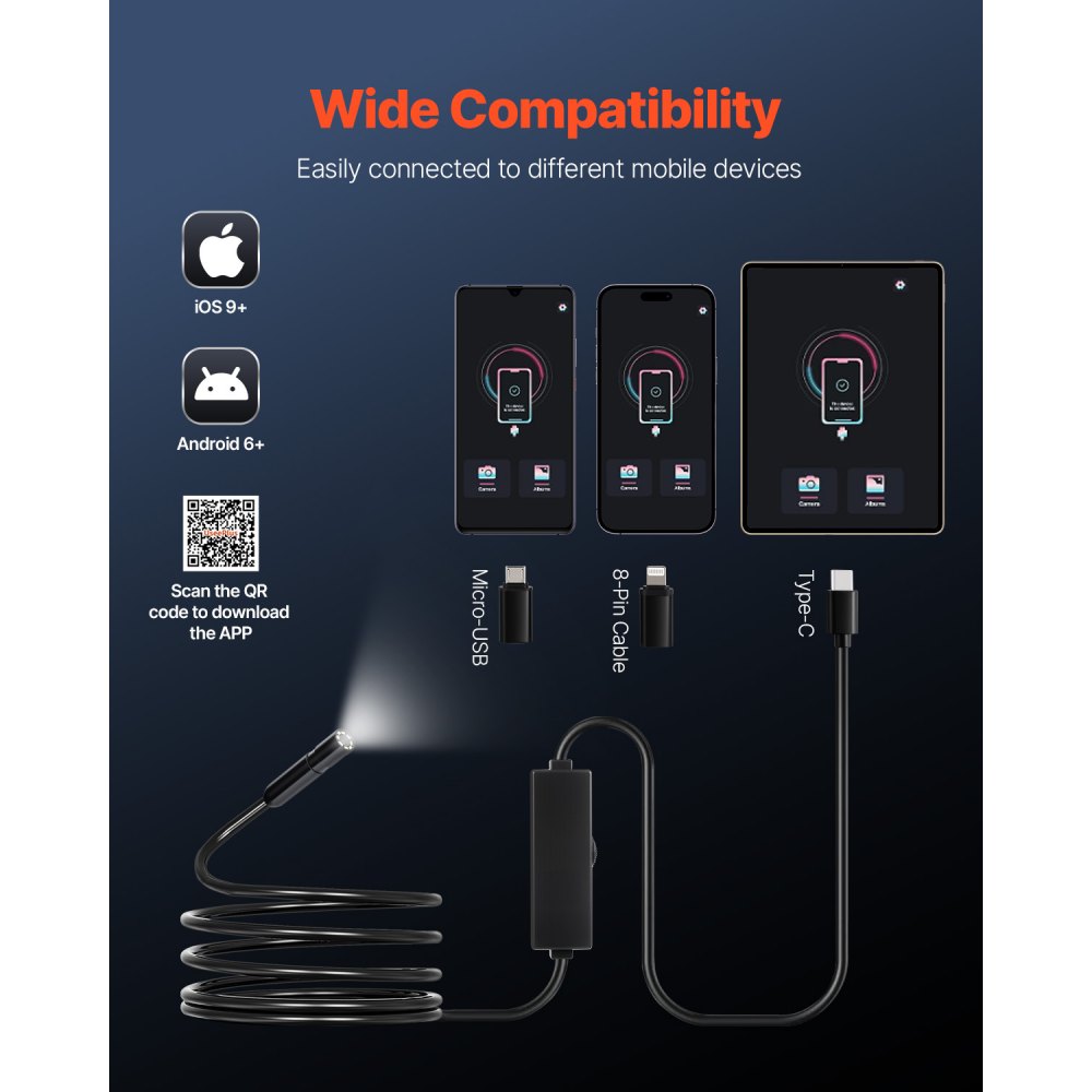 VEVOR Endoscope Camera 1920P HD Borescope for Android & IOS with 3m Cable