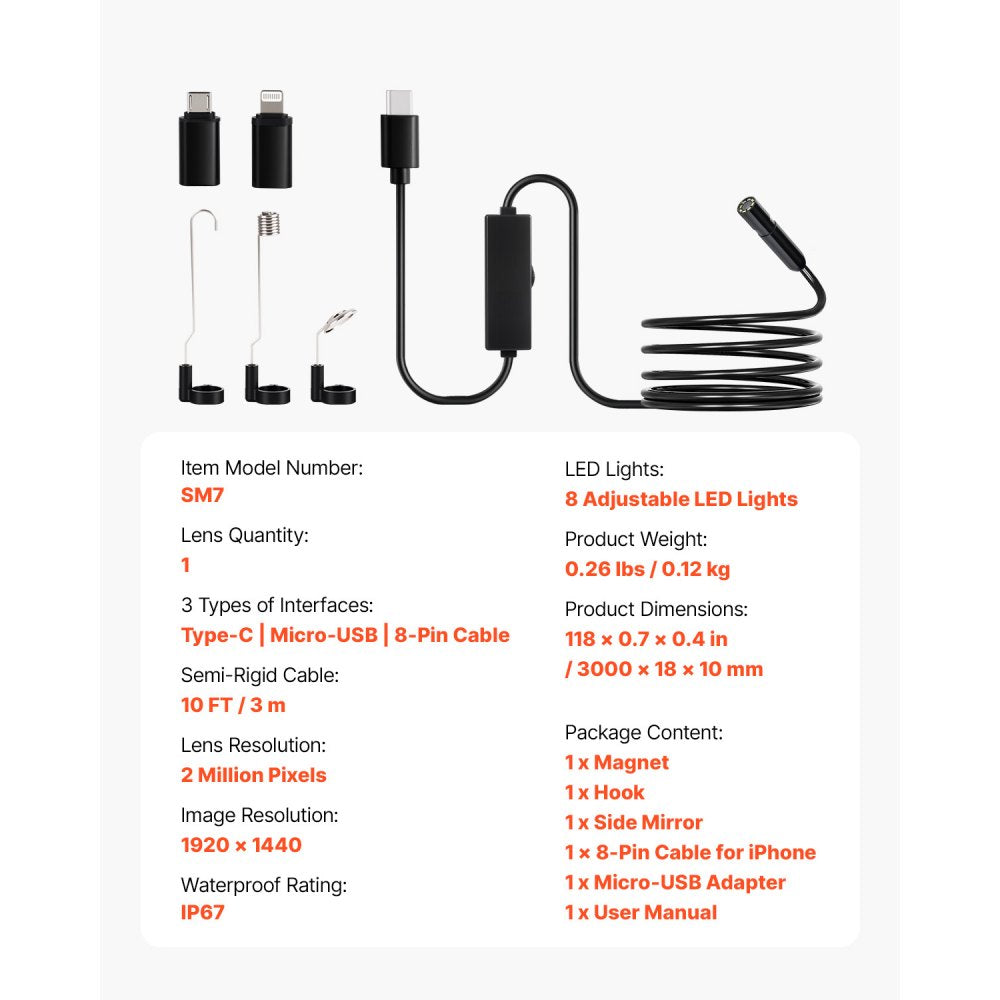 VEVOR Endoscope Camera 1920P HD Borescope for Android & IOS with 3m Cable
