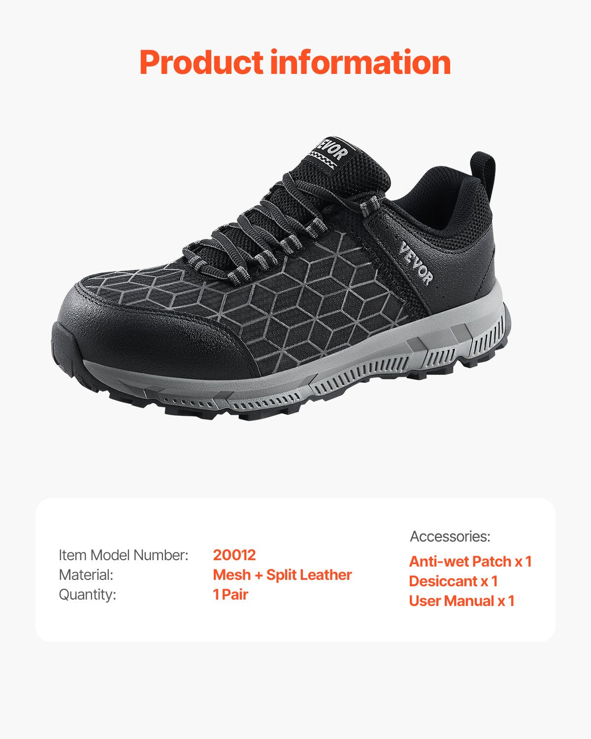 VEVOR Steel Toe Shoes for Men US Size 8.5 Athletic Work Shoe Sneakers Black